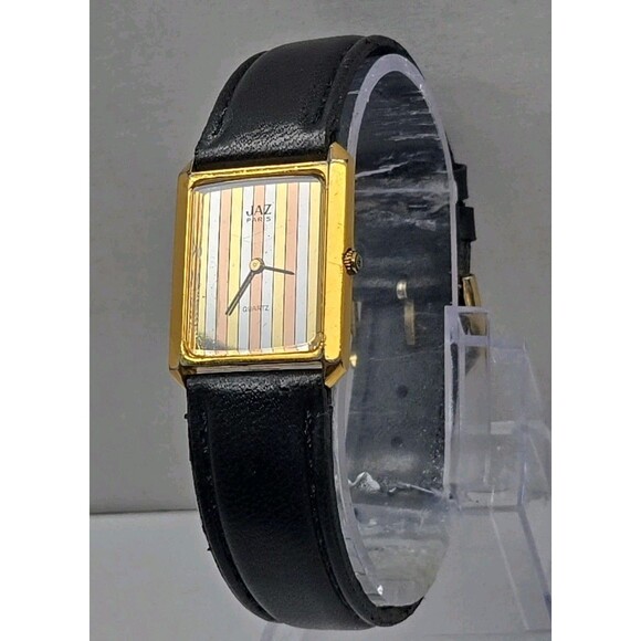 Vintage Jaz Paris Womens Tank Quartz Watch Gold Tone Stripe Dial New Battery - Picture 2 of 12